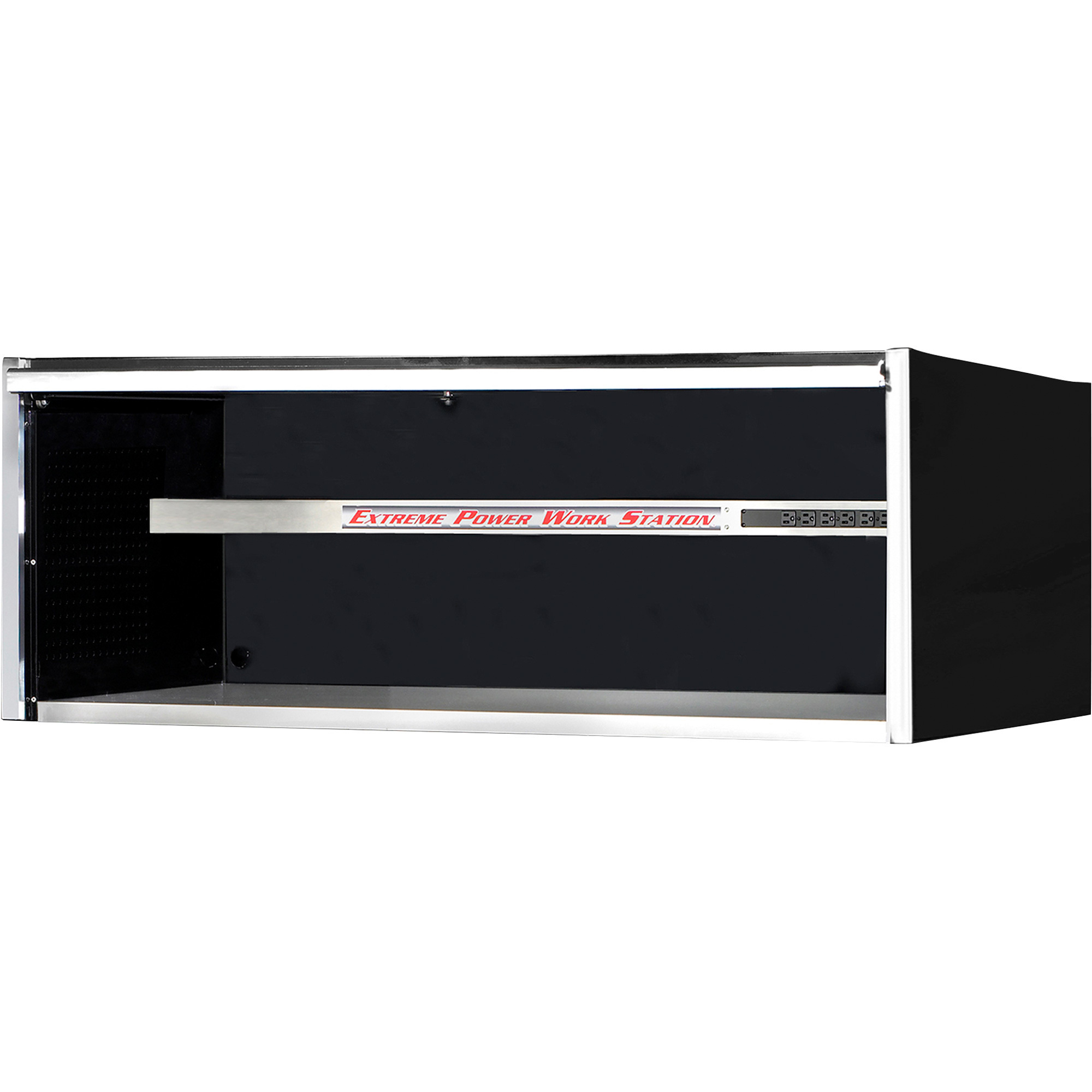 Extreme Tools Power Workstation Hutch - 72in.W x 30in.D, Black/Chrome, Stainless Steel Work Surface, Adjustable Shelf, Built-In Power Strip, Model# EX7201HCQBKCR